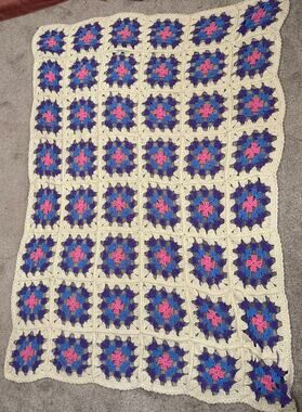 Handmade Granny Square Crochet Afghan Throw Blanket Pink Purple, 49"Wx67.5"H